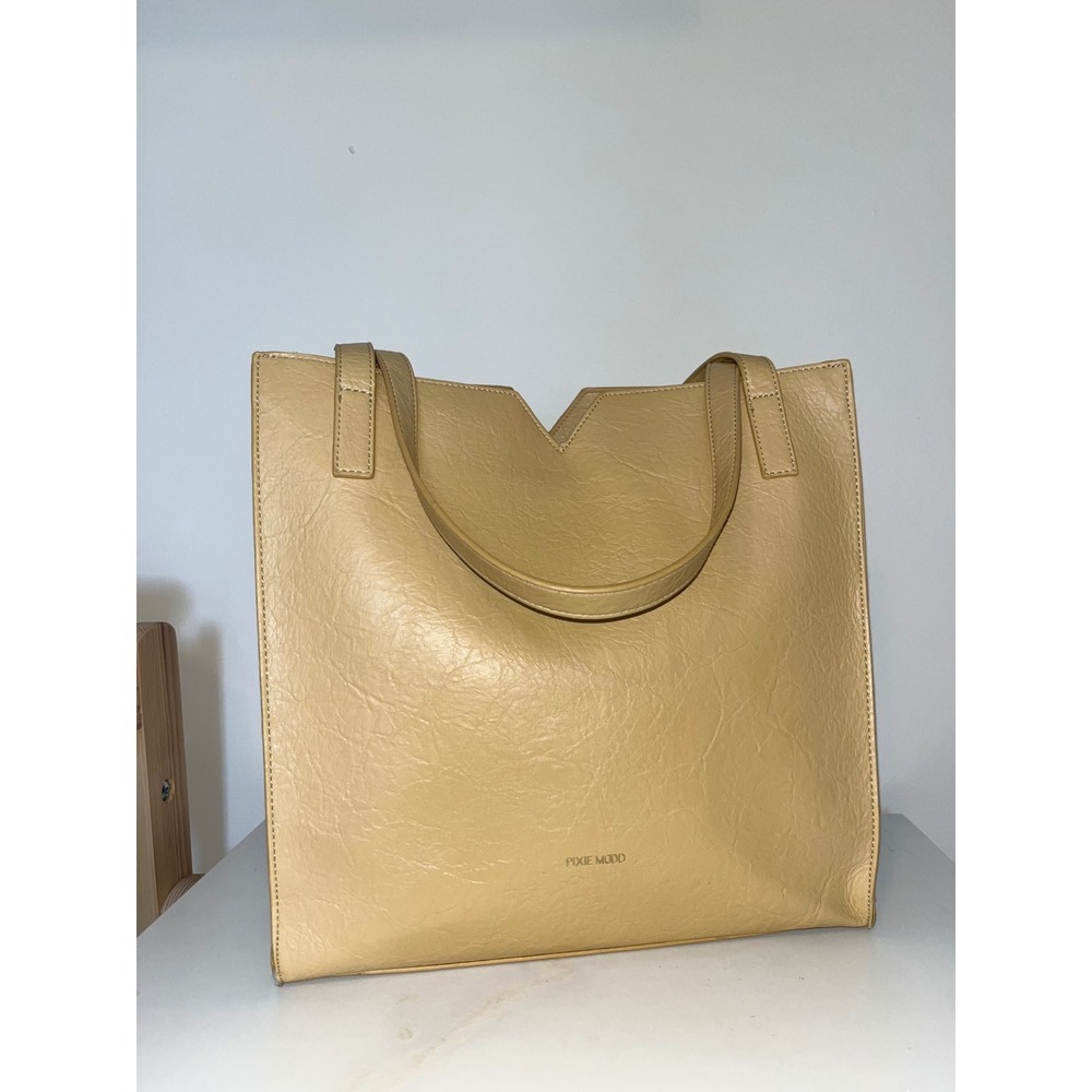 PIXIE MOOD Alicia Tote Bag Vegan Leather Geometric V Cut Soft Yellow Drop Handle